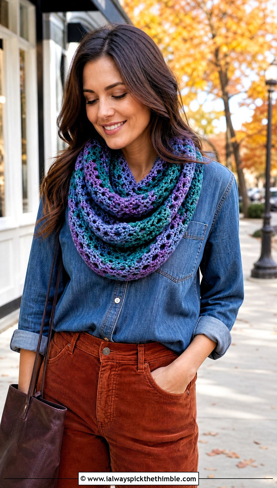 Variegated Draped Crochet Snood Scarf With Denim Shirt - 20 crochet snood scarf outfit ideas