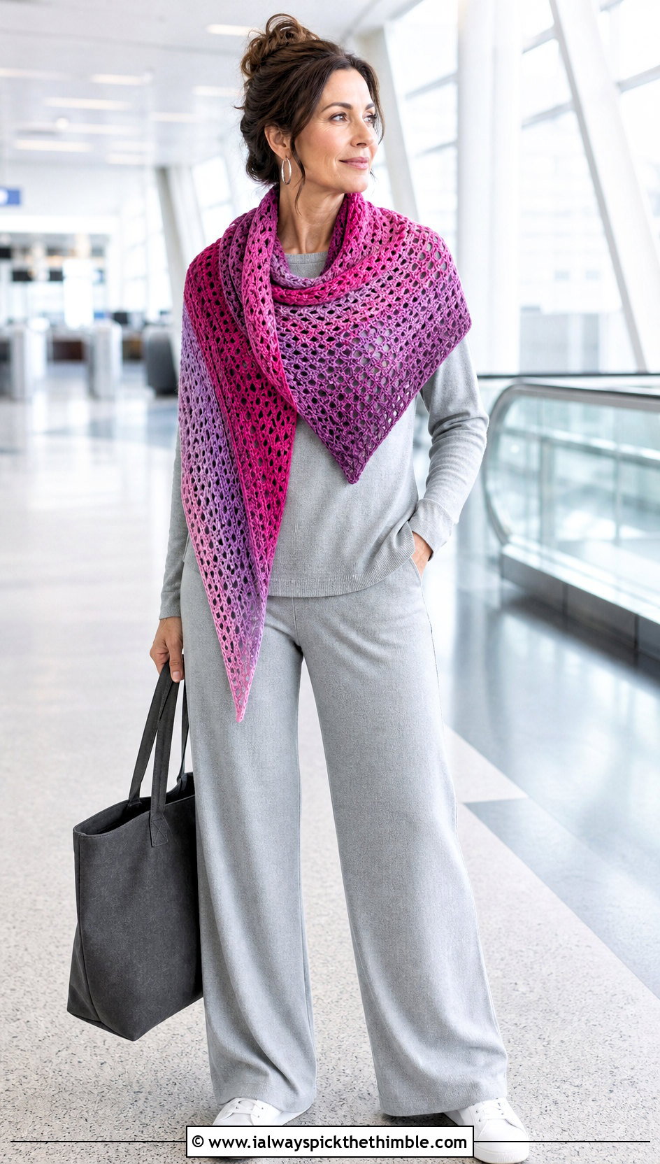 Variegated Mesh Triangle Shawl With Travel Knit Set - 20 Crochet Mesh Triangle Shawl outfit ideas