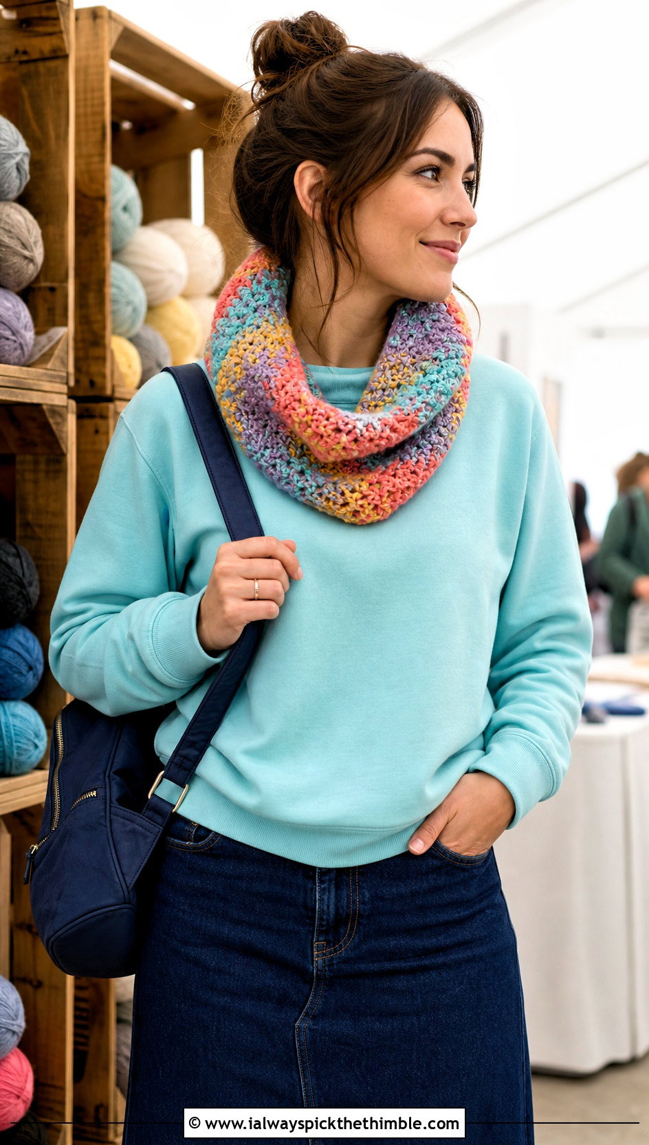 Variegated Moss Stitch Crochet Cowl With Sweatshirt And Denim Maxi Skirt - 15 Moss Stitch Crochet Cowl outfit ideas