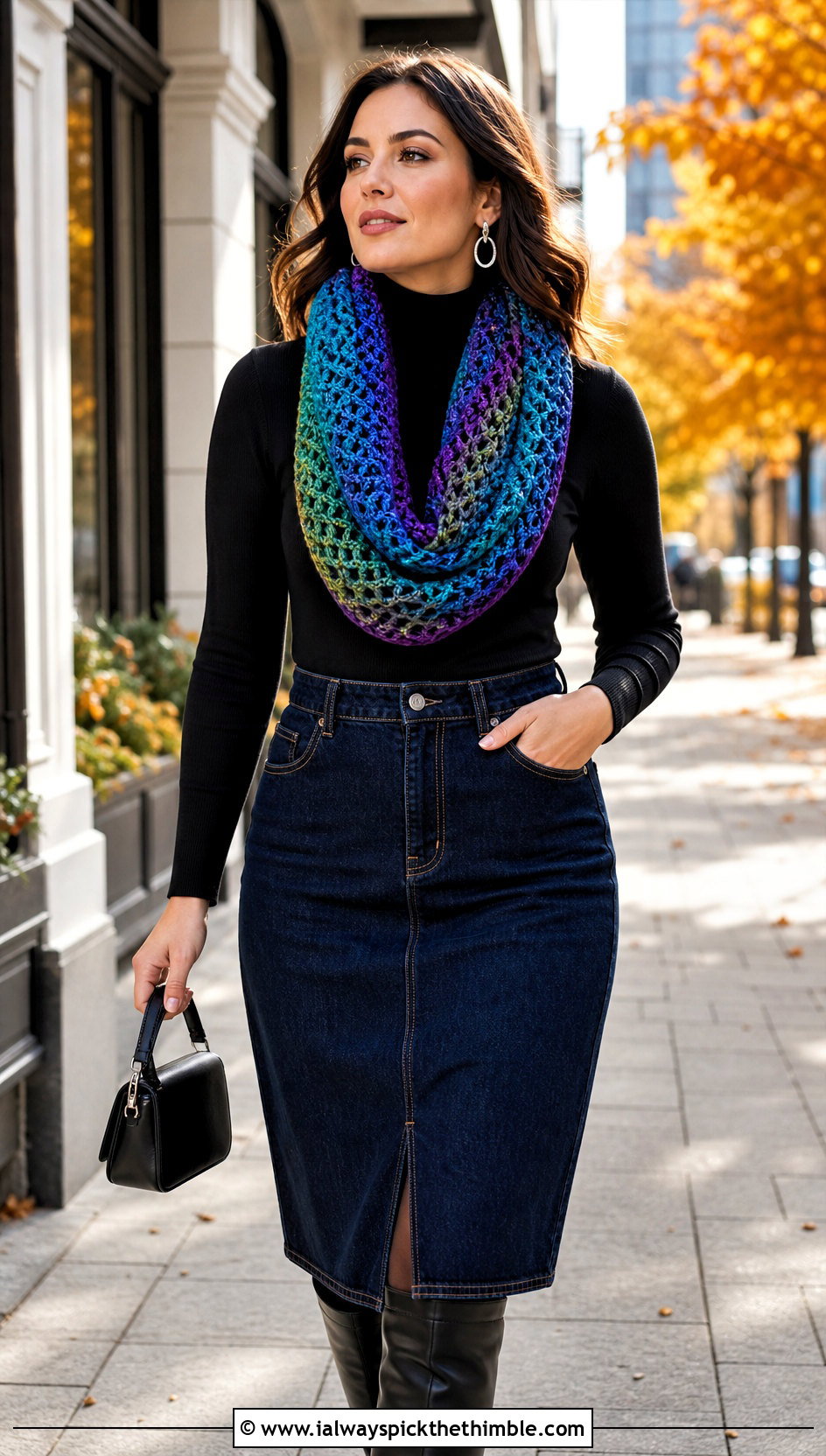 Variegated One Skein Crochet Infinity Scarf With Denim Midi Skirt - 15 One Skein Crochet Infinity Scarf outfit ideas