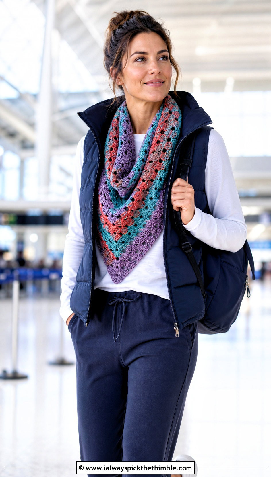 Variegated Shell Scarf With Puffer Vest And Joggers - 20 crochet shell scarf outfit ideas