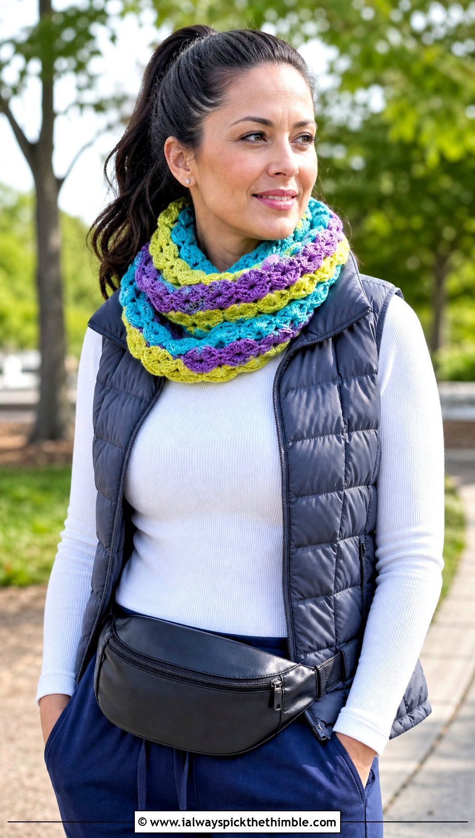 Variegated Shell Stitch Scarf With Puffer Vest And Joggers - 20 Shell Crochet Scarf outfit ideas