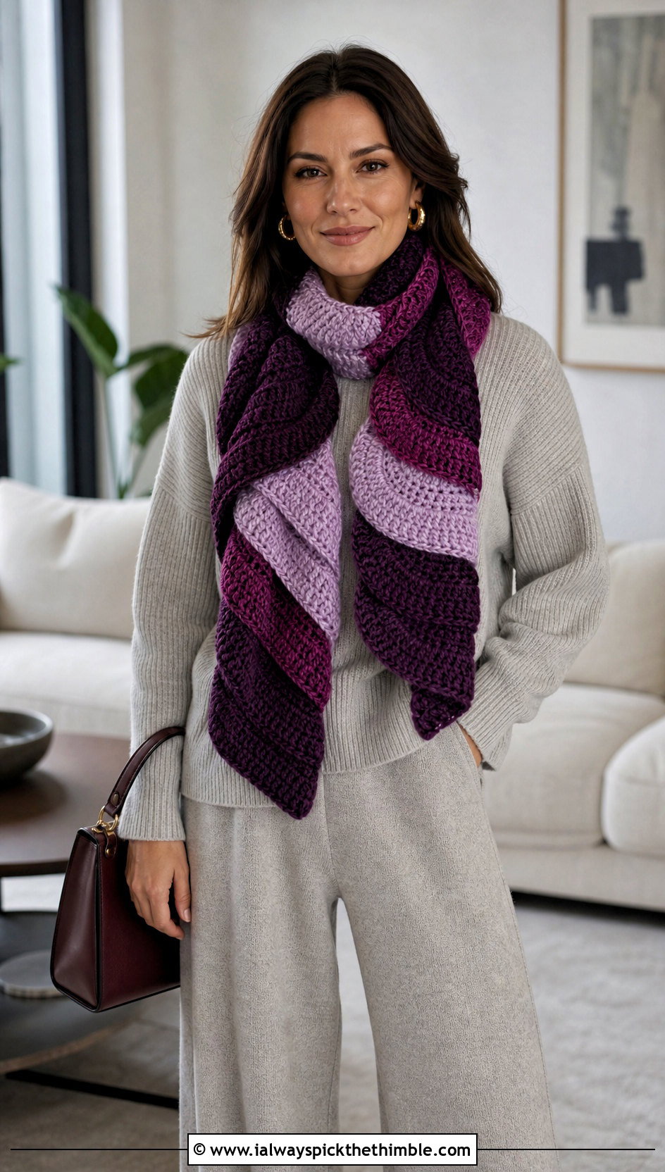 Variegated Spiral Crochet Scarf With Monochrome Knit Outfit - 15 easy spiral crochet scarf outfit ideas