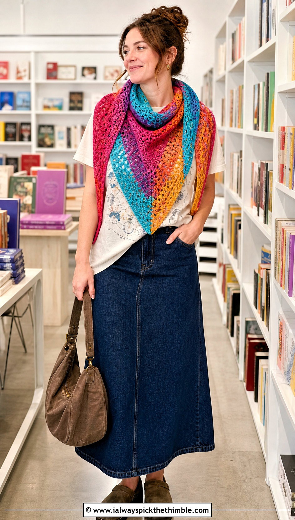 Variegated Triangle Shawl With Graphic Tee And Denim Skirt - 20 easy crochet triangle shawl outfit ideas