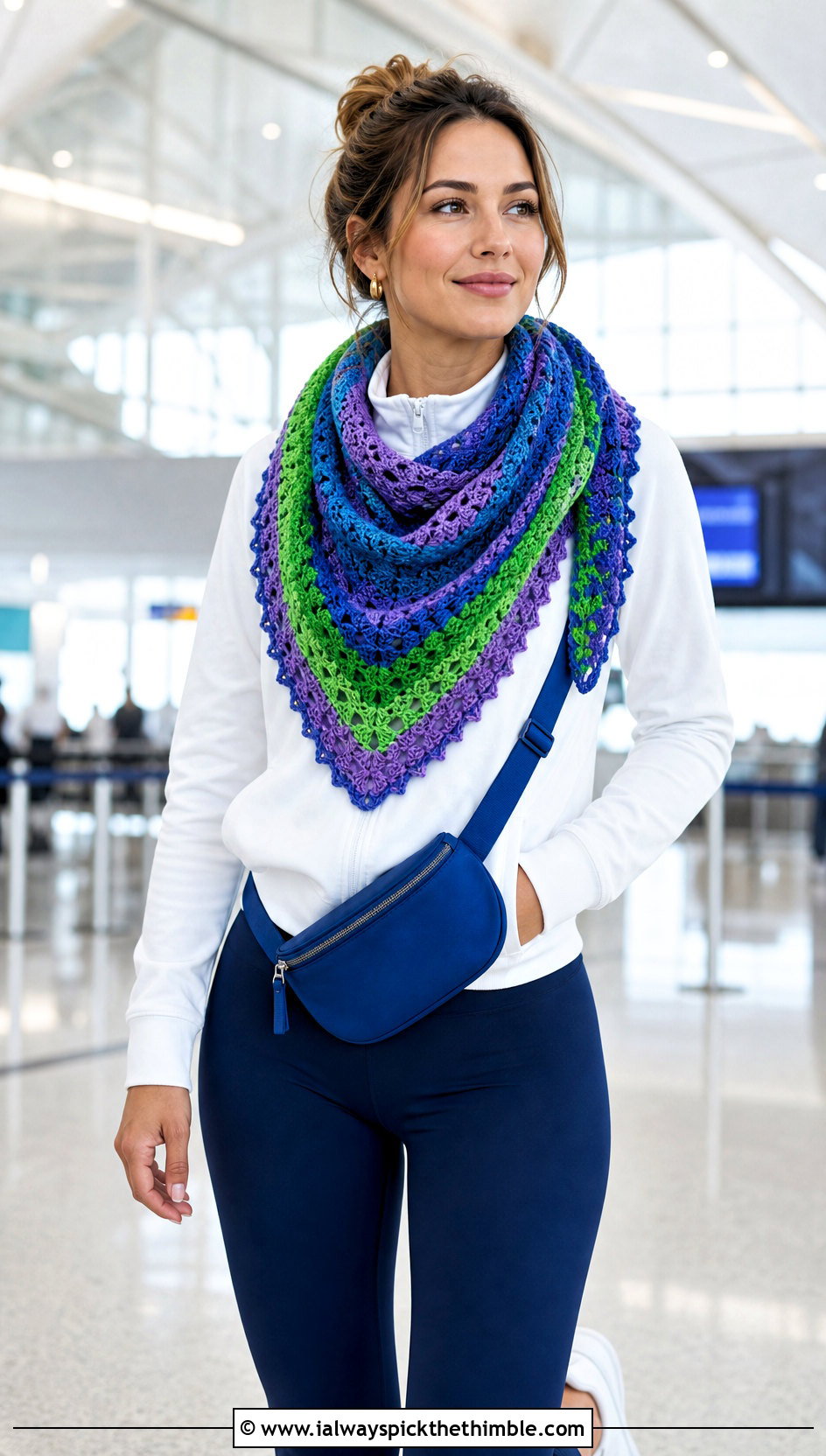 Variegated Triangular Crochet Shawl With Athleisure Outfit - 20 triangular crochet shawl outfit ideas