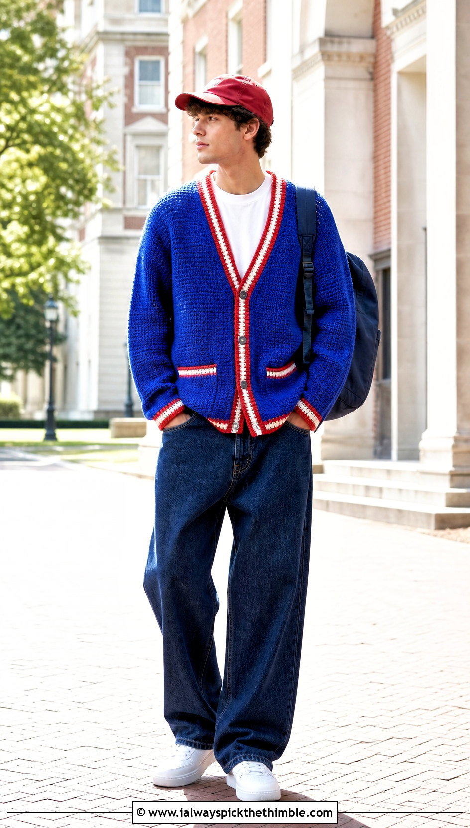 Varsity Crochet Cardigan With Loose Fit Denim - 25 crochet cardigan men outfit ideas