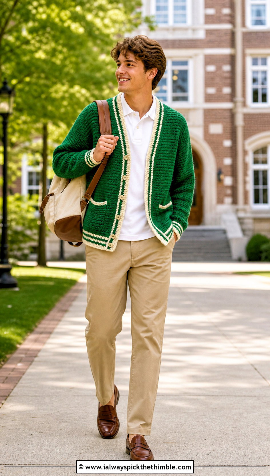 Varsity Crochet Cardigan With Relaxed Khakis - 20 men's crochet cardigan outfit ideas