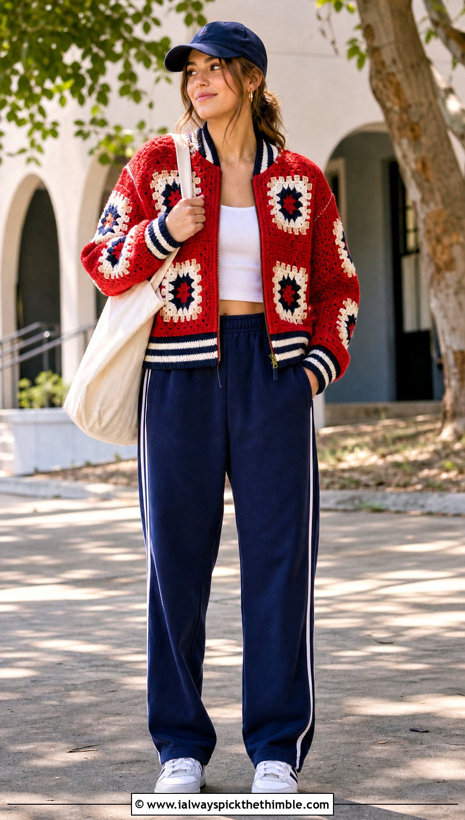 Varsity Granny Square Jacket With Track Pants - 25 granny square crochet cardigan jacket outfit ideas