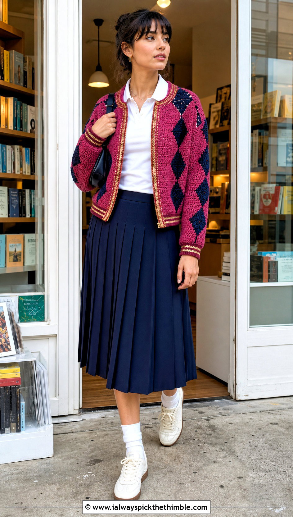 Varsity Howls Crochet Jacket With Pleated Midi Skirt - 20 Howl's Crochet Jacket outfit ideas