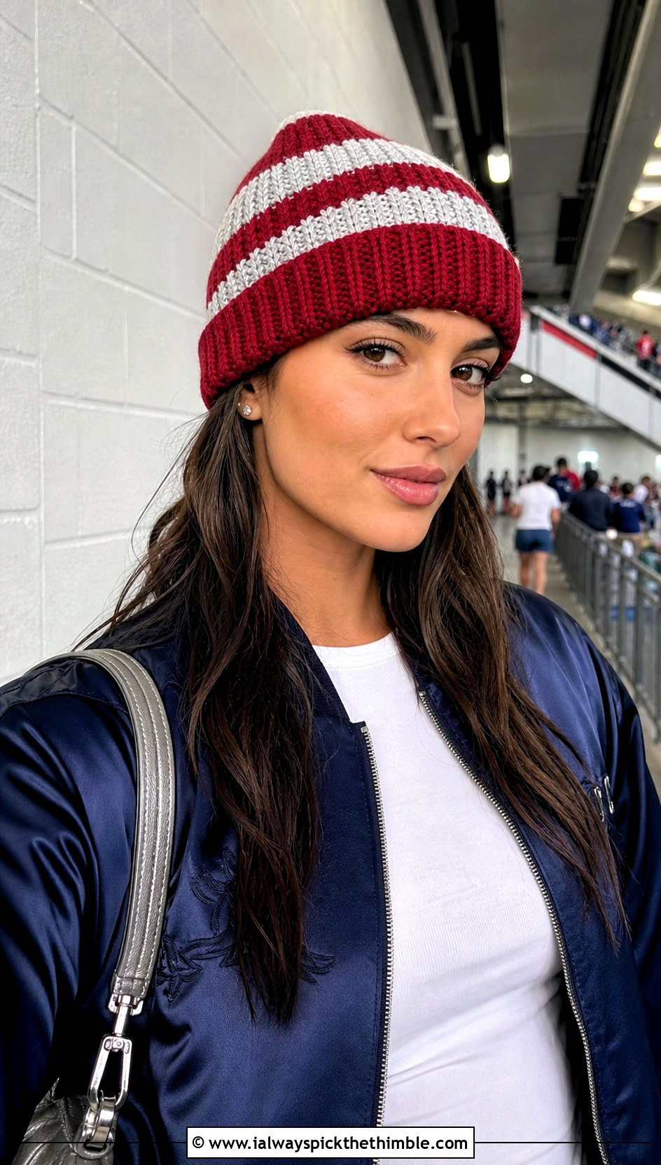 Varsity Stripe Crochet Beanie With Bomber Jacket - 15 Crochet Striped Beanies outfit ideas