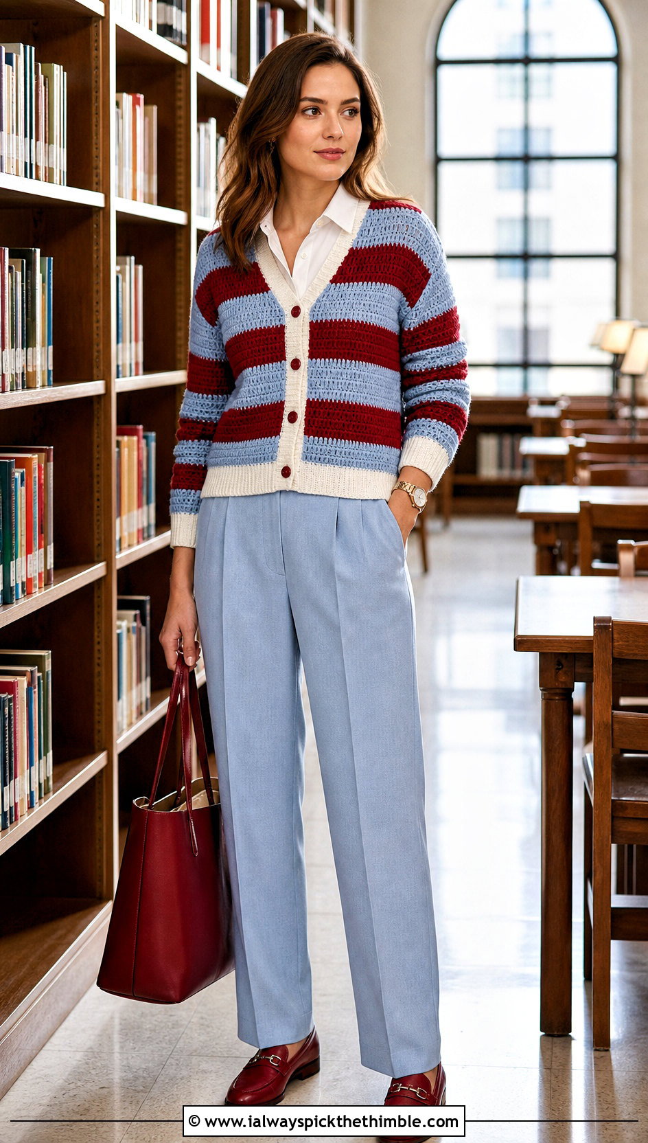 Varsity Stripe Crochet Cardigan With Pleated Trousers - 20 two color crochet cardigan outfit ideas