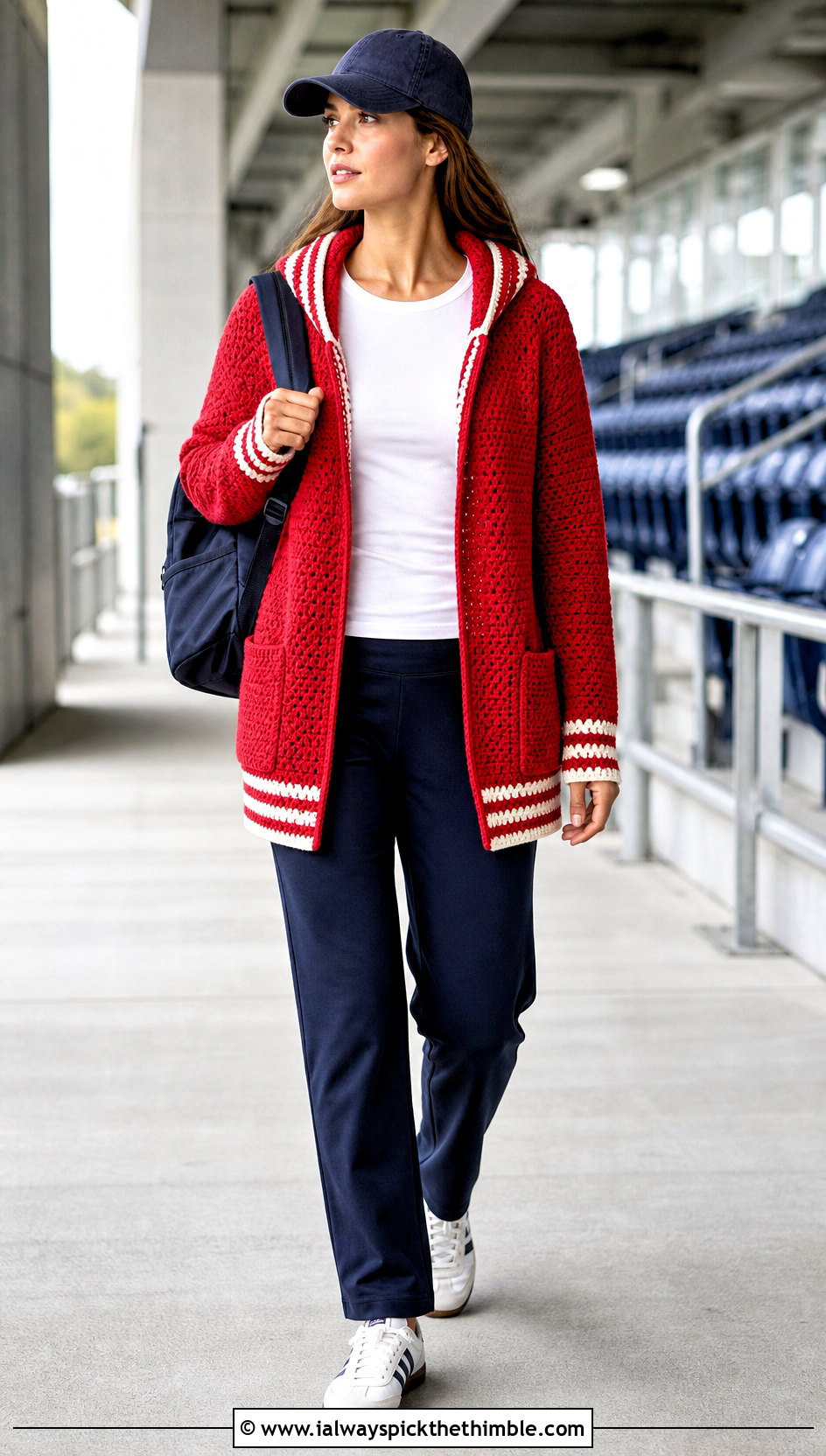 Varsity Stripe Hooded Crochet Cardigan With Track Pants - 20 crochet hoodie cardigan outfit ideas