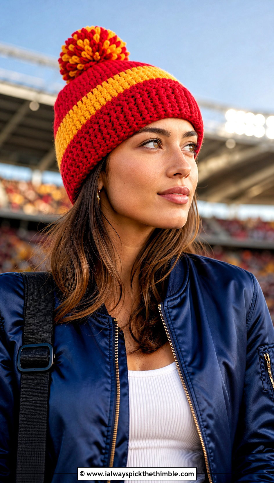 Varsity Stripe Pom Pom Crochet Beanie With Bomber Jacket - 20 striped crochet beanie outfit ideas