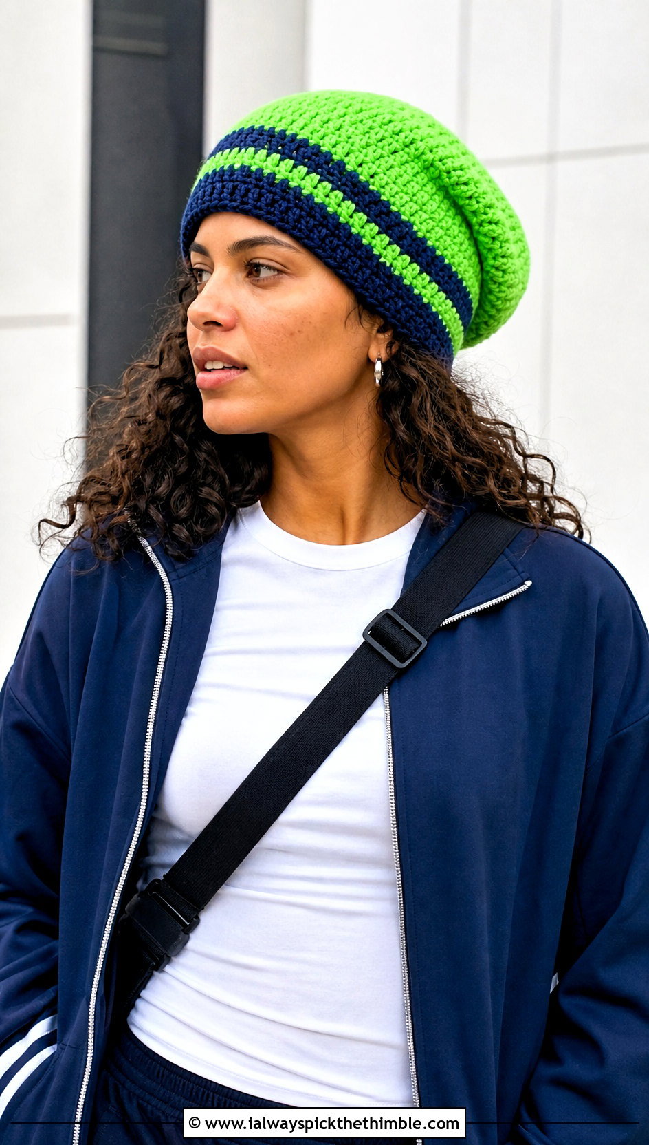 Varsity Stripe Slouchy Crochet Beanie With Track Jacket - 15 Striped Slouchy Crochet Beanie outfit ideas