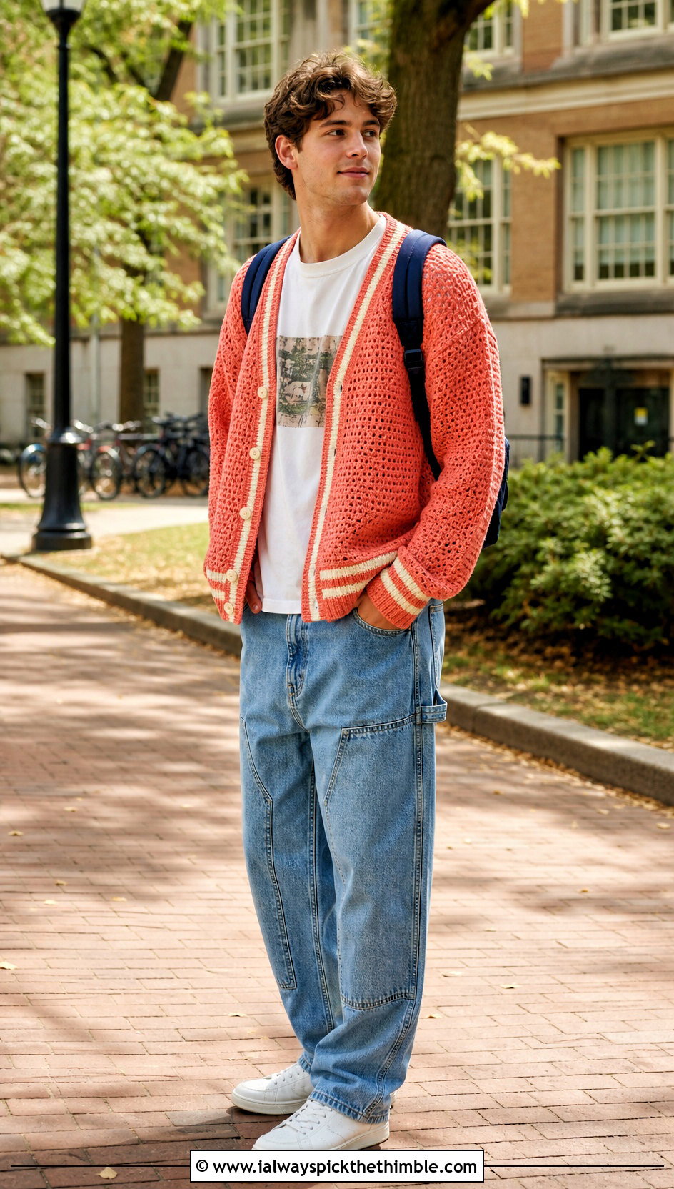 Varsity Trim Crochet Cardigan With Carpenter Jeans - 20 mens crochet cardigan sweater outfit ideas