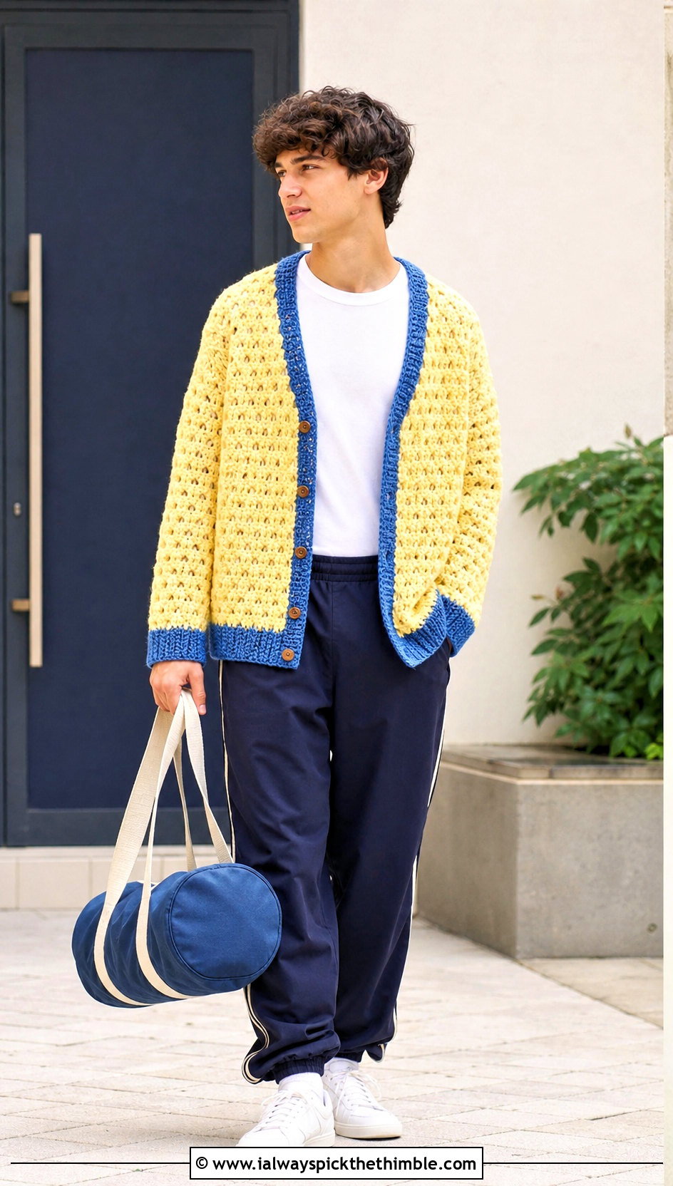 Varsity Trim Hexagon Cardigan With Track Pants - 25 men hexagon crochet cardigan outfit ideas