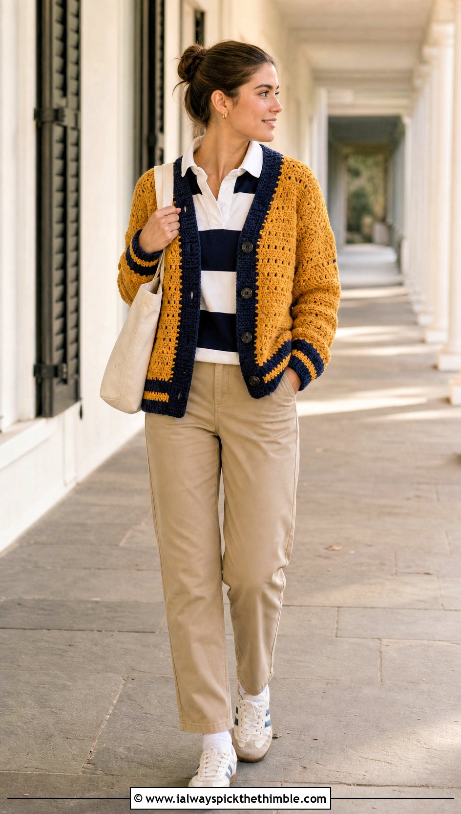 Varsity Trim Hexi Cardi With Rugby Shirt - 25 crochet hexi cardi outfit ideas