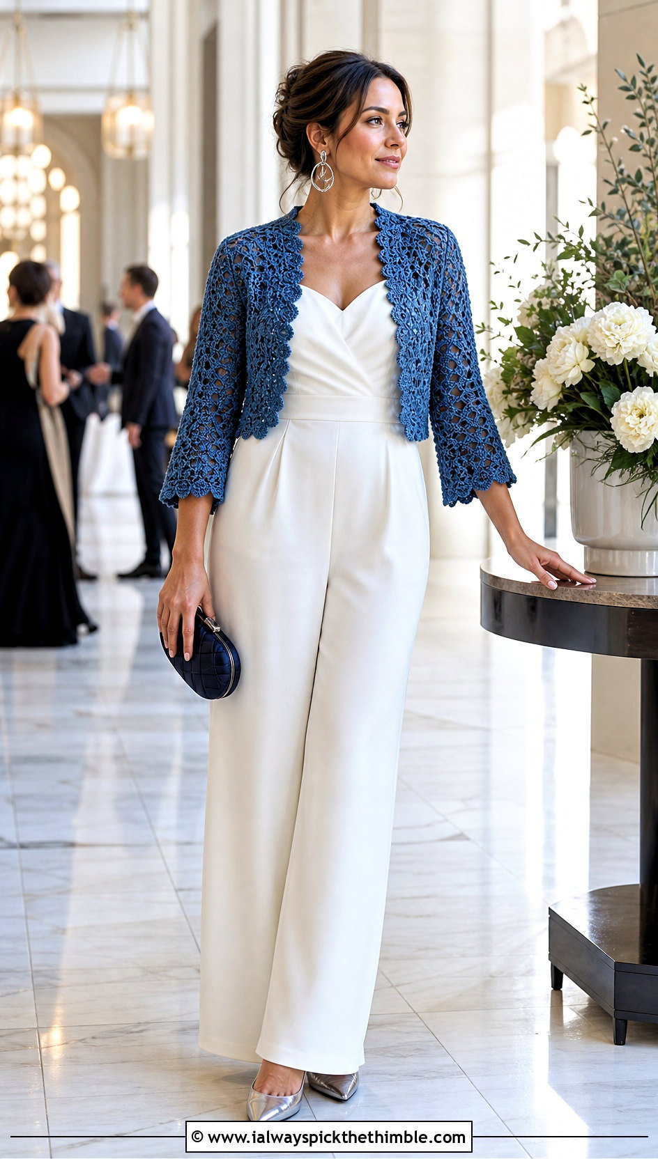 Velvet Crochet Bolero Cardigan With Wide Leg Jumpsuit - 15 velvet crochet cardigan outfit ideas