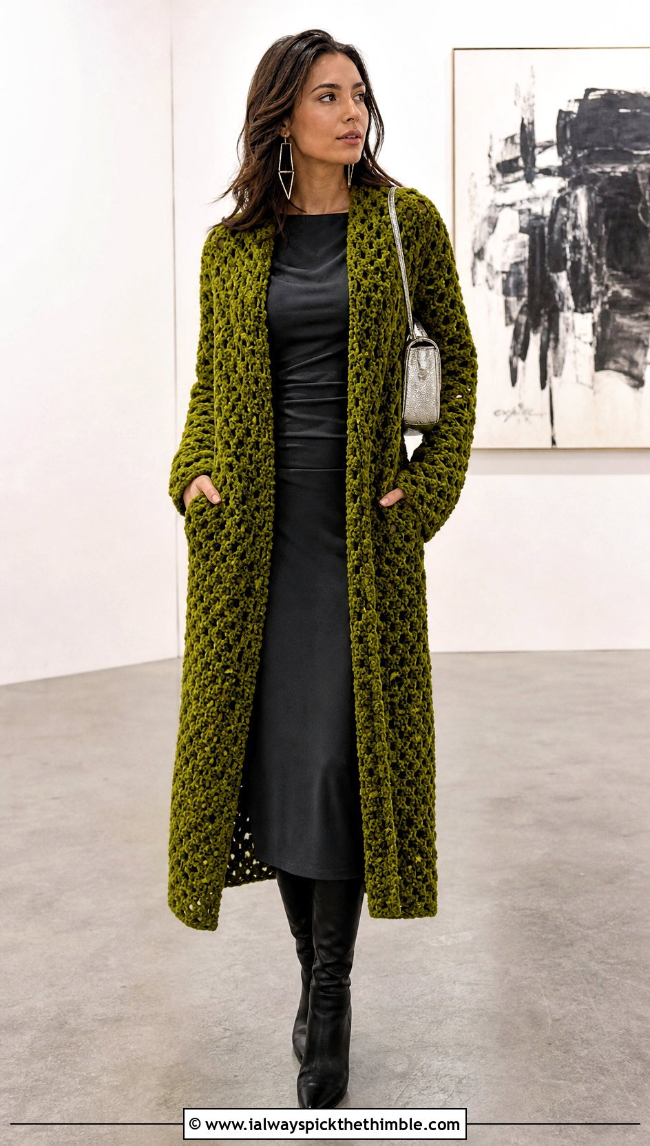 Velvet Crochet Duster Cardigan With Column Dress - 15 velvet crochet cardigan outfit ideas