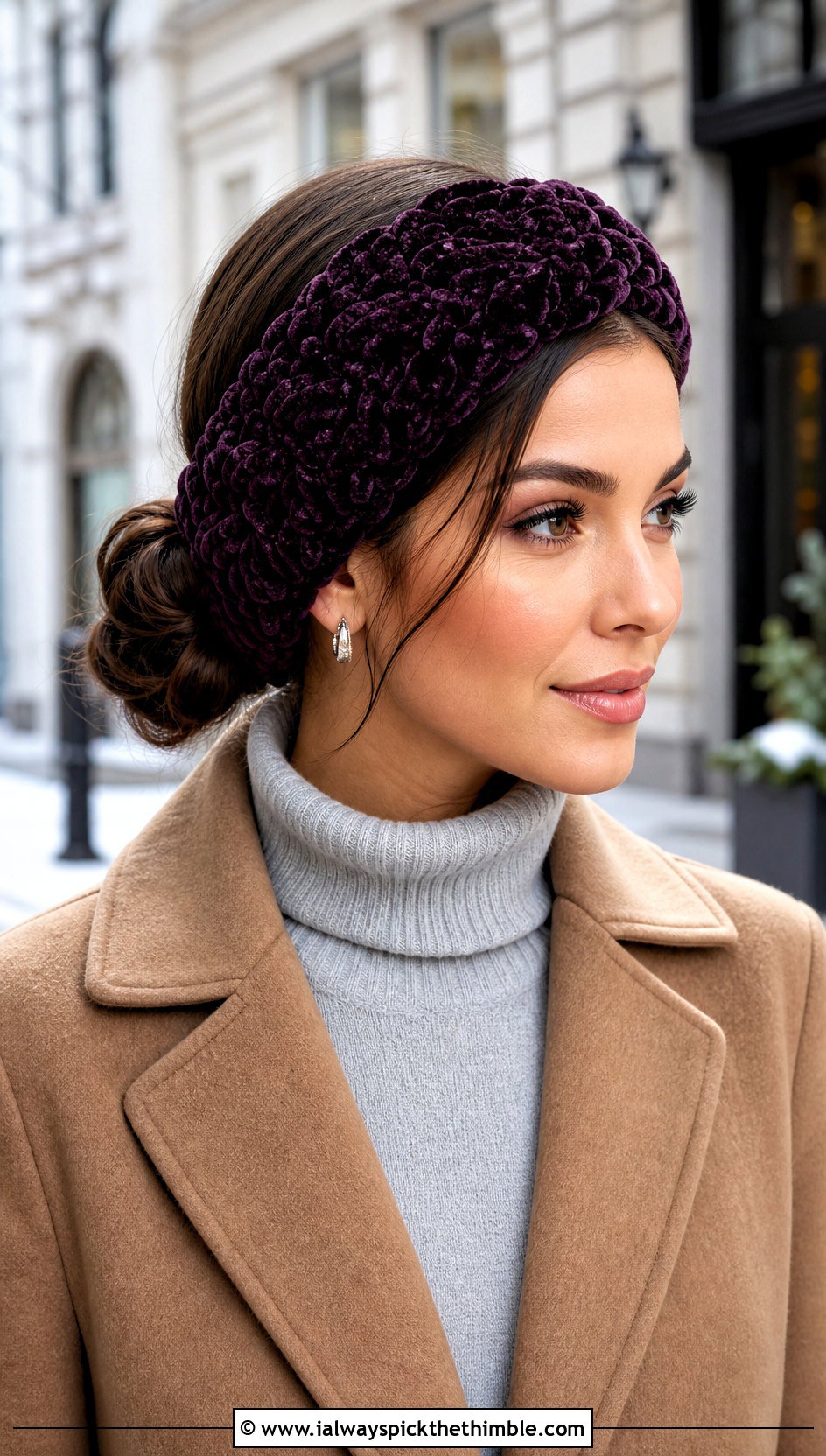 Velvet Crochet Headband With Hair Tie And Wool Coat - 25 crochet headband with hair tie outfit ideas