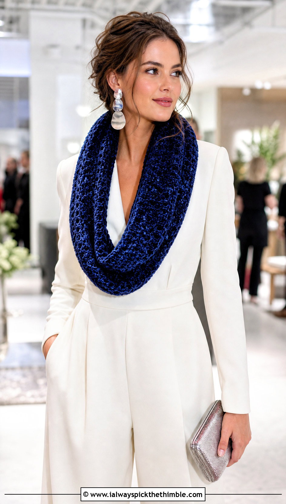 Velvet Crochet Infinity Scarf With Evening Jumpsuit - 20 easy crochet infinity scarf outfit ideas