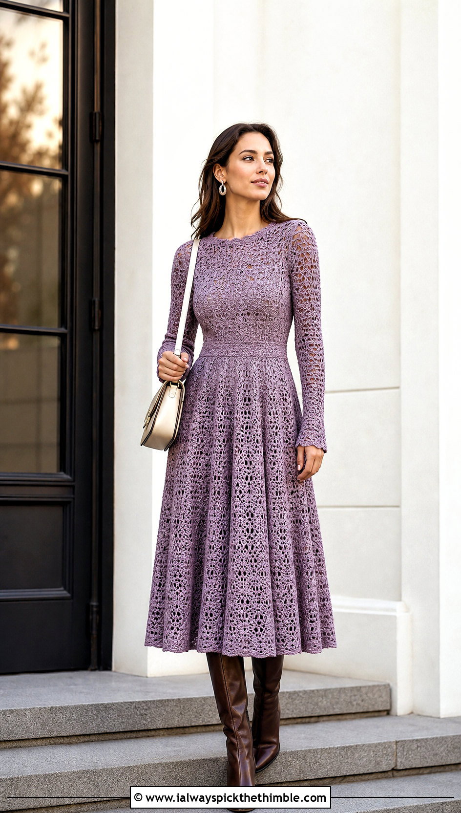 Velvet Crochet Midi Dress With Knee High Boots - 20 velvet crochet clothes and outfit ideas