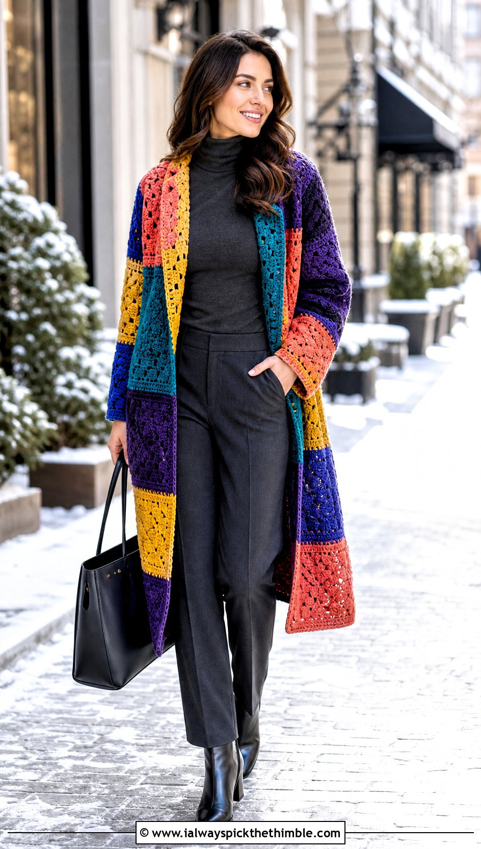 Velvet Crochet Patchwork Coat With Monochrome Basics - 20 velvet crochet clothes and outfit ideas