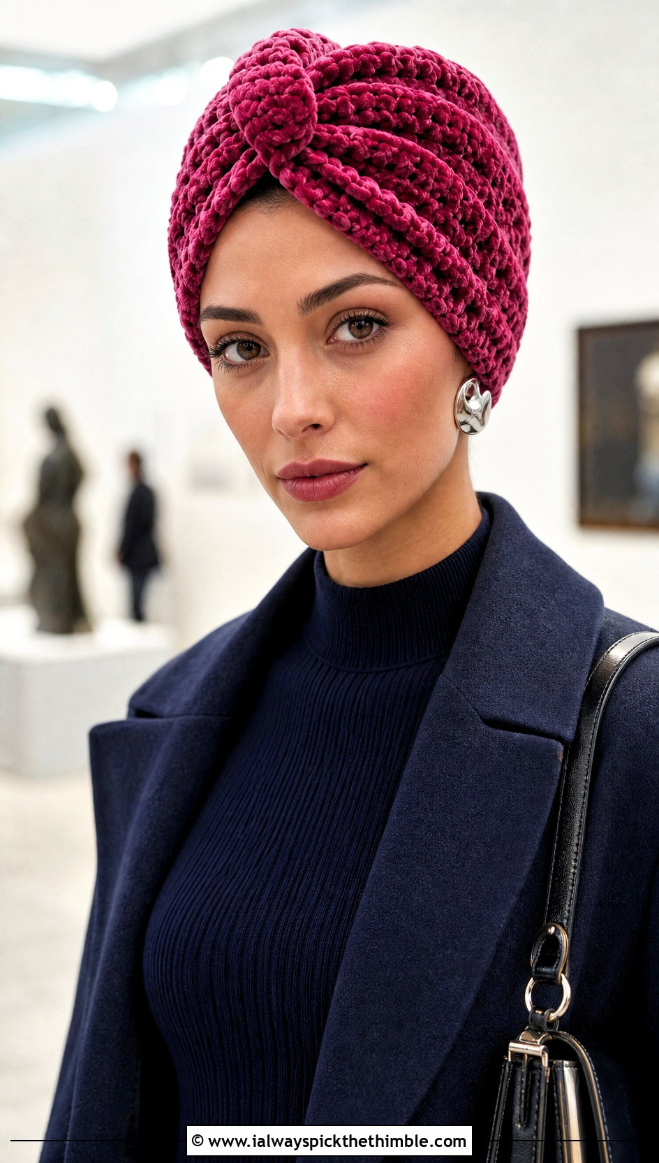 Velvet Crochet Turban With Knit Dress And Boots - 20 crochet head wrap outfit ideas