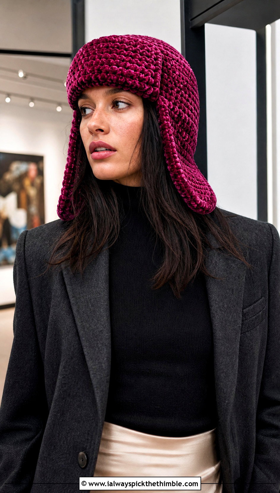 Velvet Crochet Ushanka Hat With Satin Skirt - 20 crochet ushanka hat outfit ideas