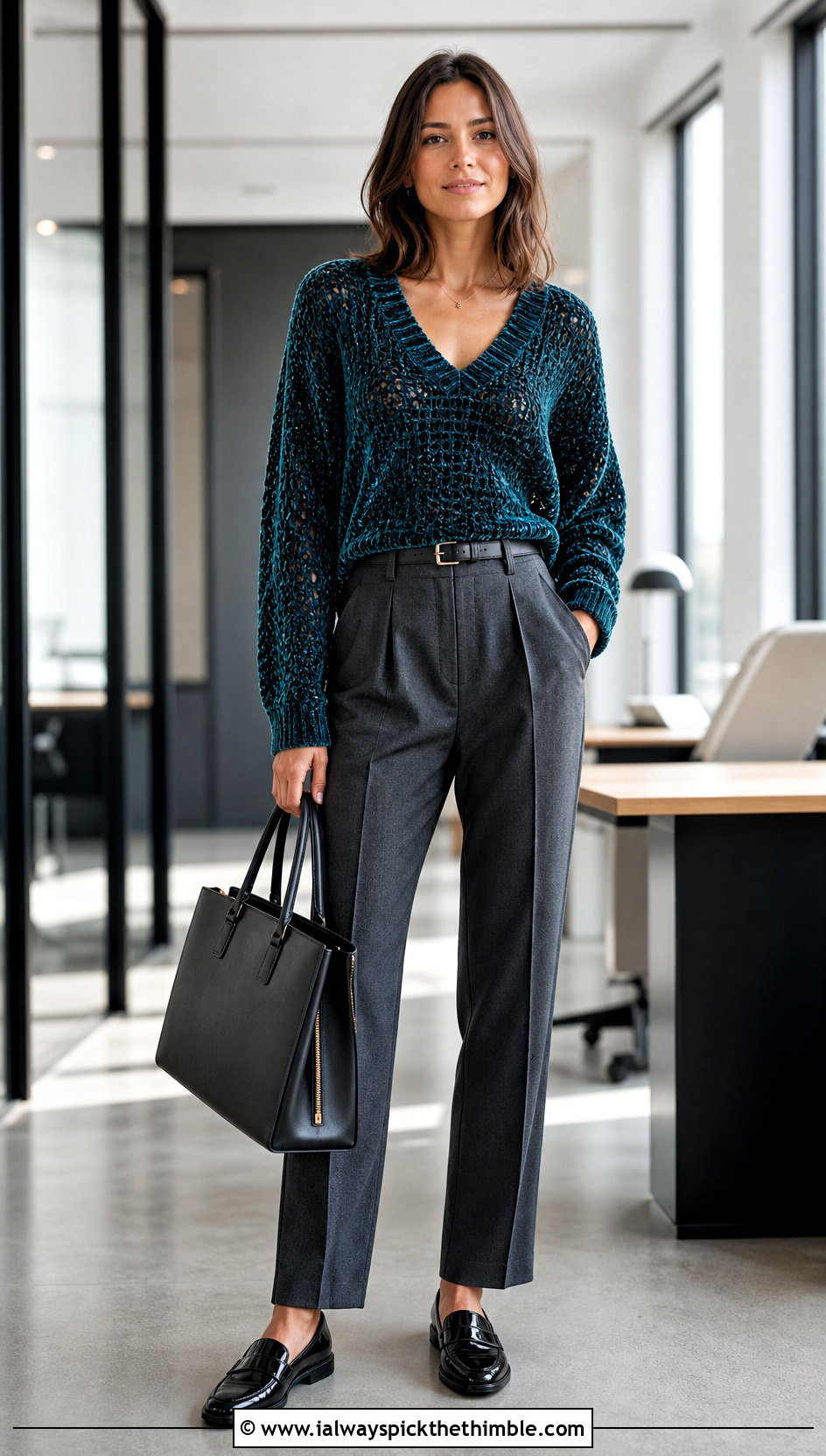 Velvet Crochet V Neck Sweater With Tailored Trousers - 20 velvet crochet sweater outfit ideas