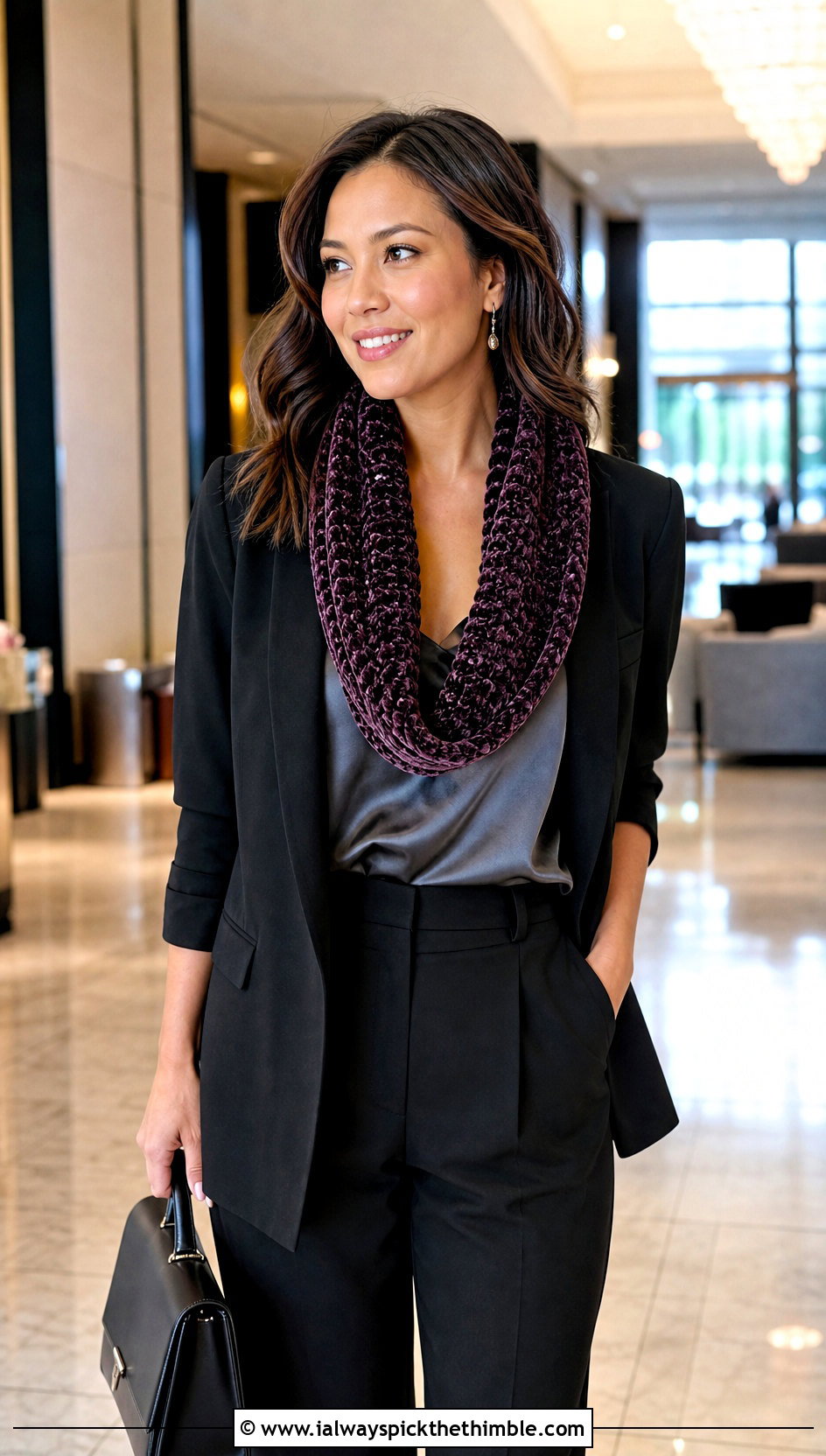 Velvet One Skein Crochet Infinity Scarf With Trouser Suit - 15 One Skein Crochet Infinity Scarf outfit ideas