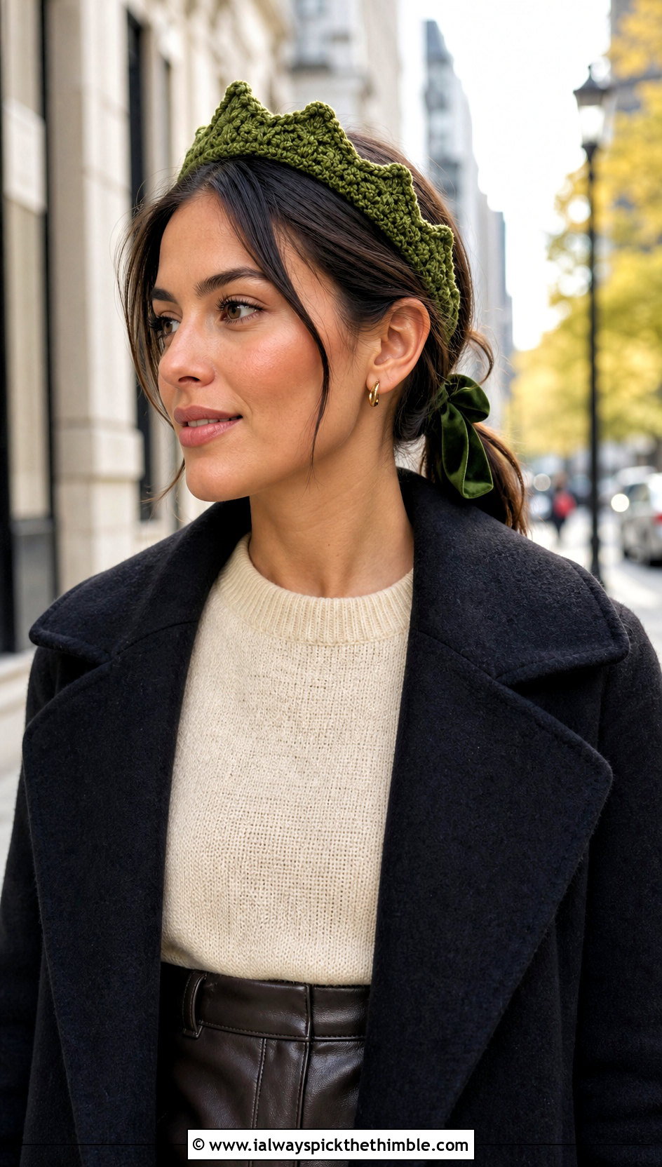 Velvet Tie Crochet Tiara Headband With Fall Leather Outfit - 20 crochet tiara headband outfit ideas