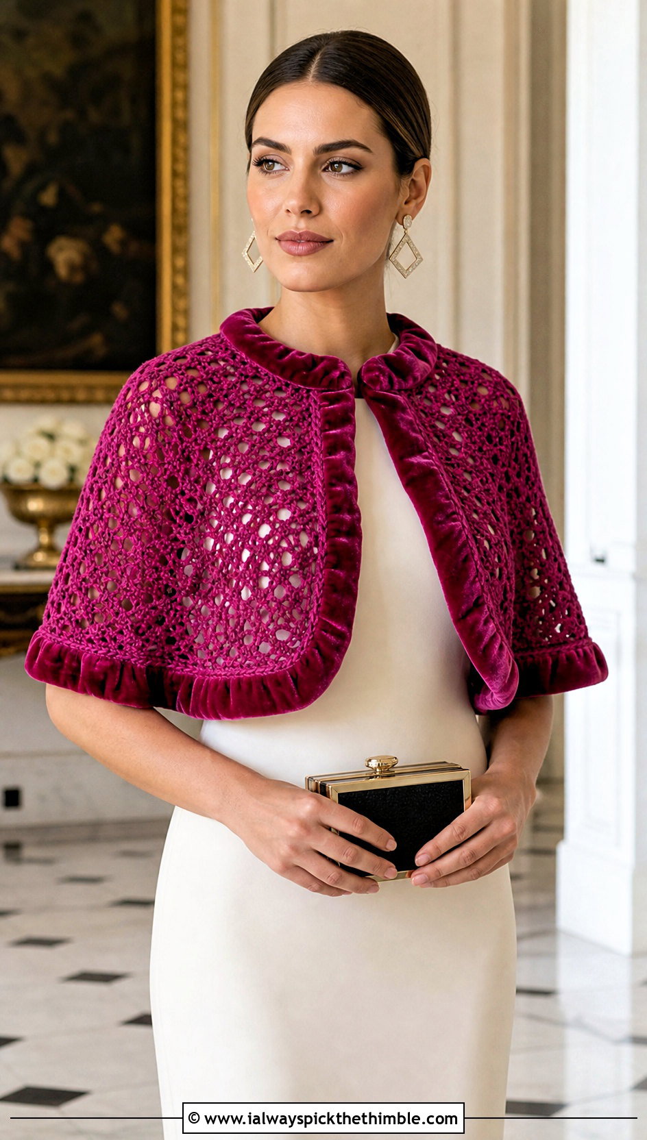 Velvet Trim Crochet Capelet With Column Dress - 20 Victorian Crochet Shawl outfit ideas