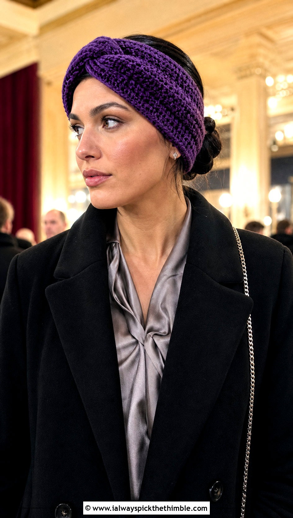 Velvet Twist Crochet Ear Warmer With Evening Coat - 20 twist crochet ear warmer outfit ideas