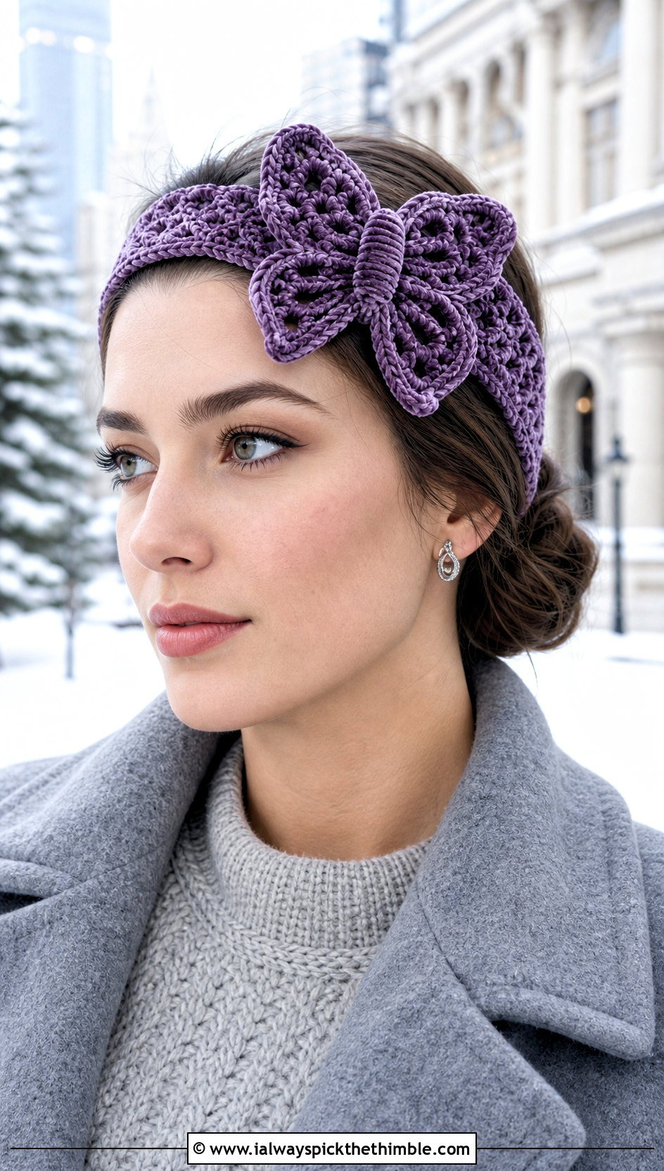 Velvet Yarn Butterfly Crochet Headband With Knit Dress - 15 crochet butterfly headband outfit ideas