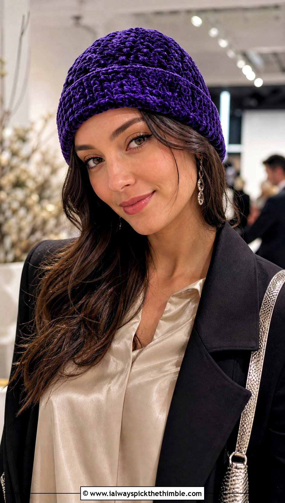 Velvet Yarn Crochet Fisherman Beanie With Evening Separates - 25 crochet fisherman beanie outfit ideas