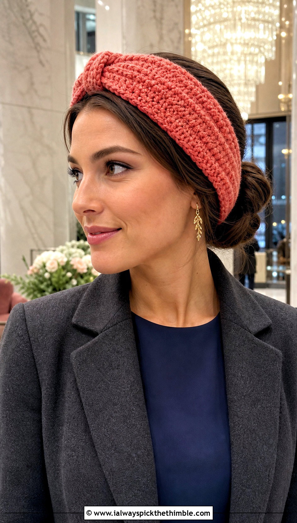 Velvet Yarn Crochet Headband With Coat And Midi Dress - 25 crochet headbands outfit ideas