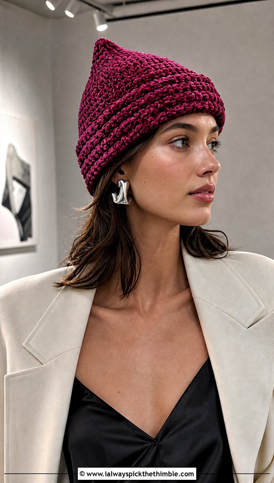 Velvet Yarn Crochet Jughead Beanie With Slip Dress And Blazer - 15 Crochet Jughead Beanie outfit ideas