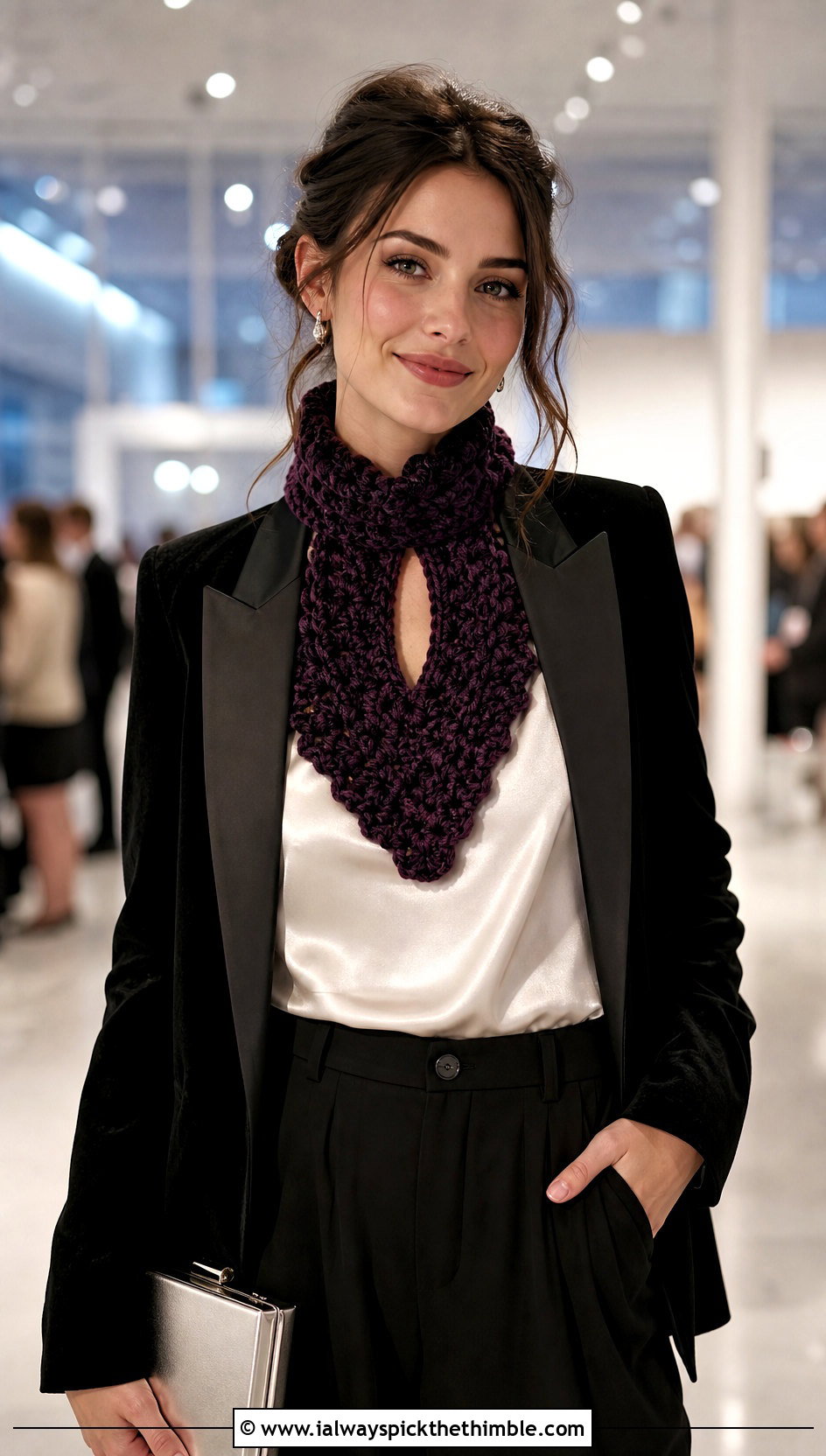 Velvet Yarn Crochet Keyhole Scarf With Tuxedo Blazer - 25 crochet keyhole scarf outfit ideas