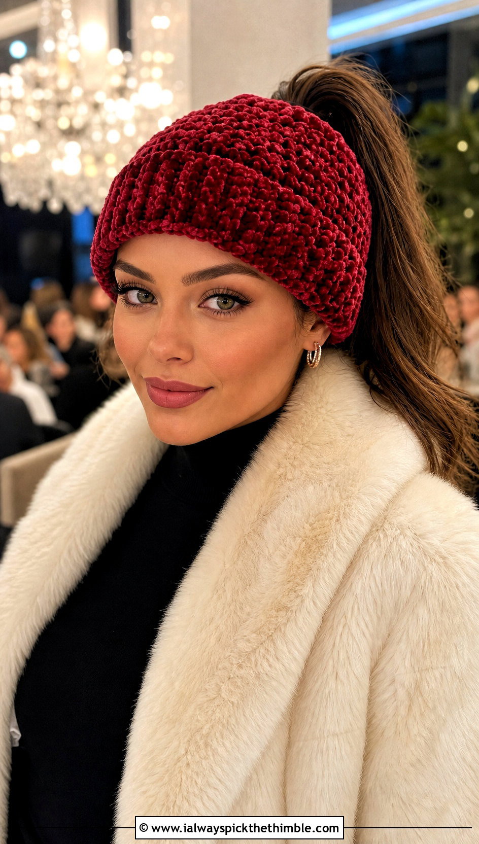 Velvet Yarn Crochet Ponytail Beanie With Faux Fur Jacket - 20 Crochet Ponytail Beanie outfit ideas