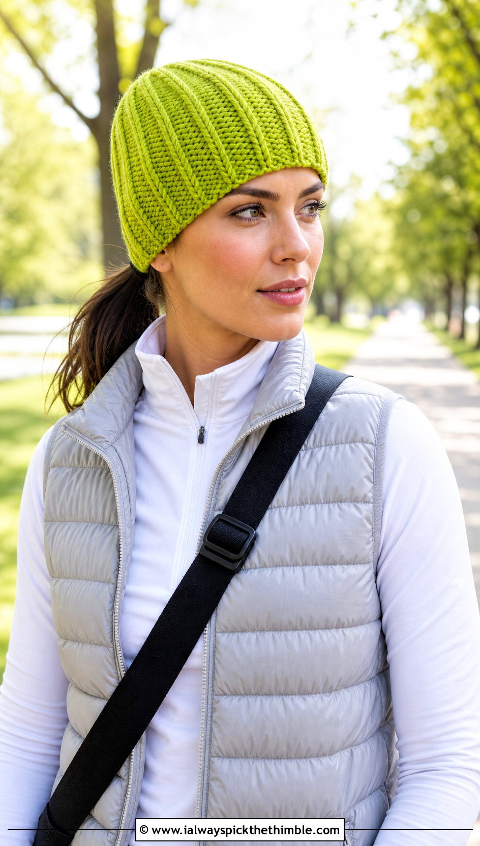 Vertical Cable Crochet Beanie With Puffer Vest - 15 cabled crochet beanie design outfit ideas