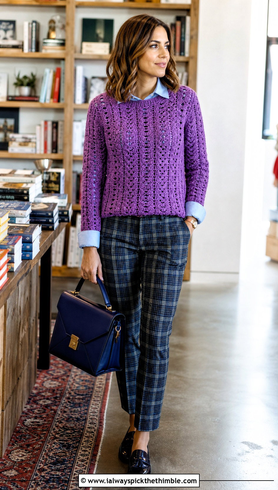 Vertical Shell Stitch Crochet Sweater With Plaid Trousers - 20 Shell Stitch Crochet Sweater outfit ideas