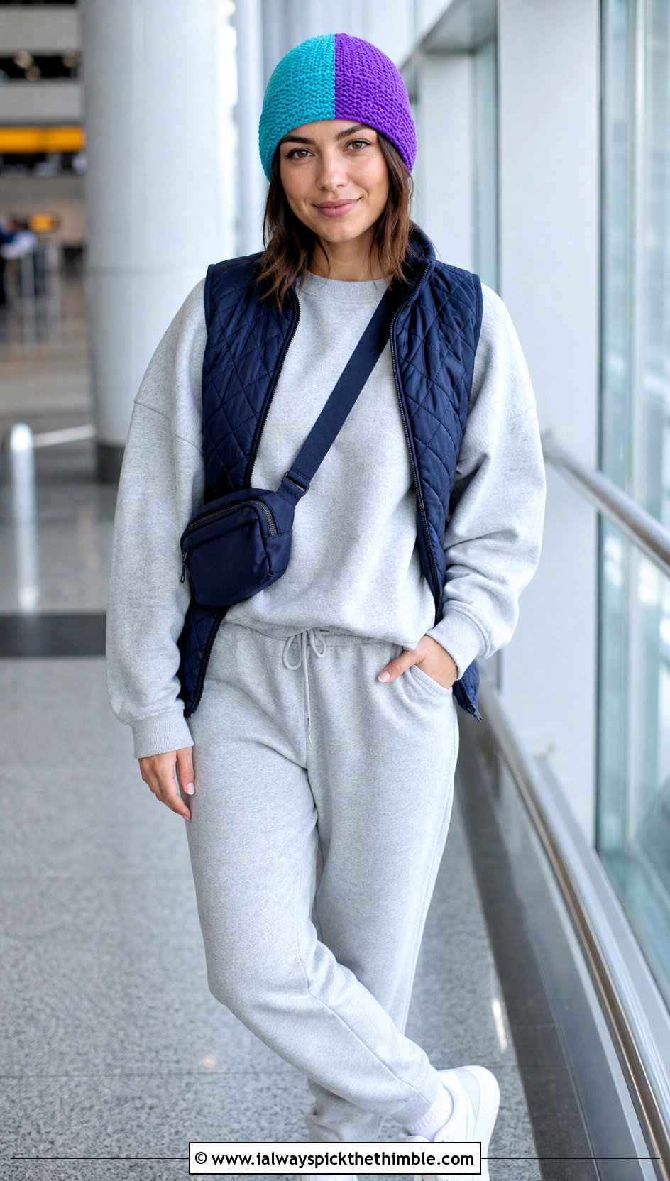 Vertical Split Color Block Crochet Beanie With Matching Sweatsuit And Sneakers - 20 Color Block Crochet Beanie outfit ideas
