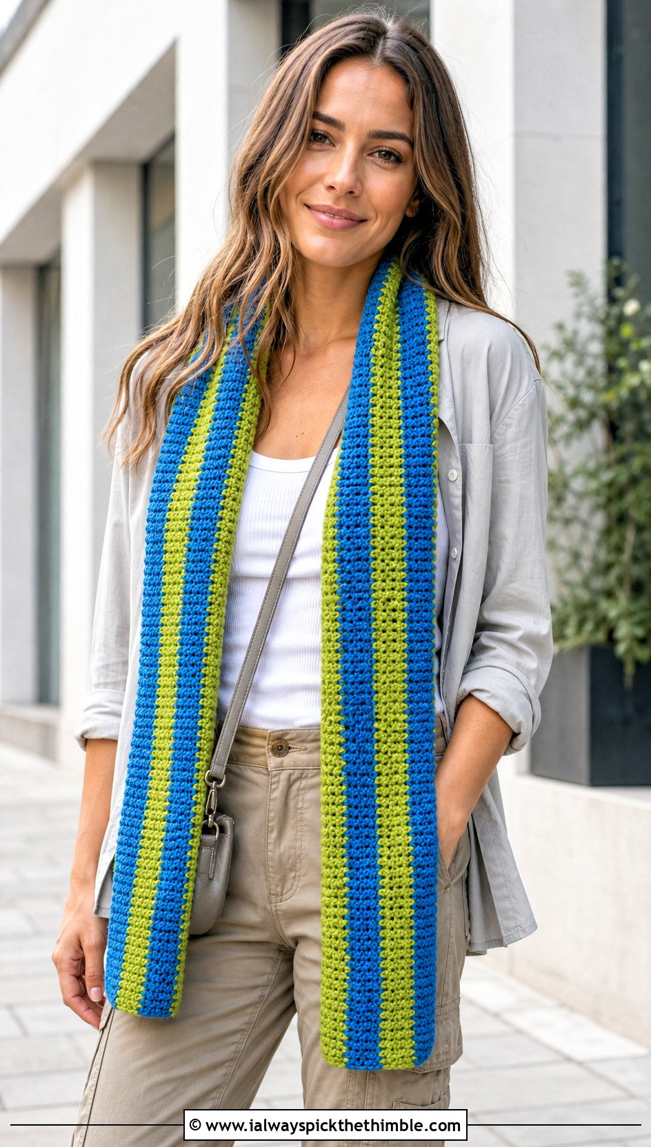 Vertical Stripe Crochet Scarf With Cargo Pants - 20 crochet striped scarf outfit ideas