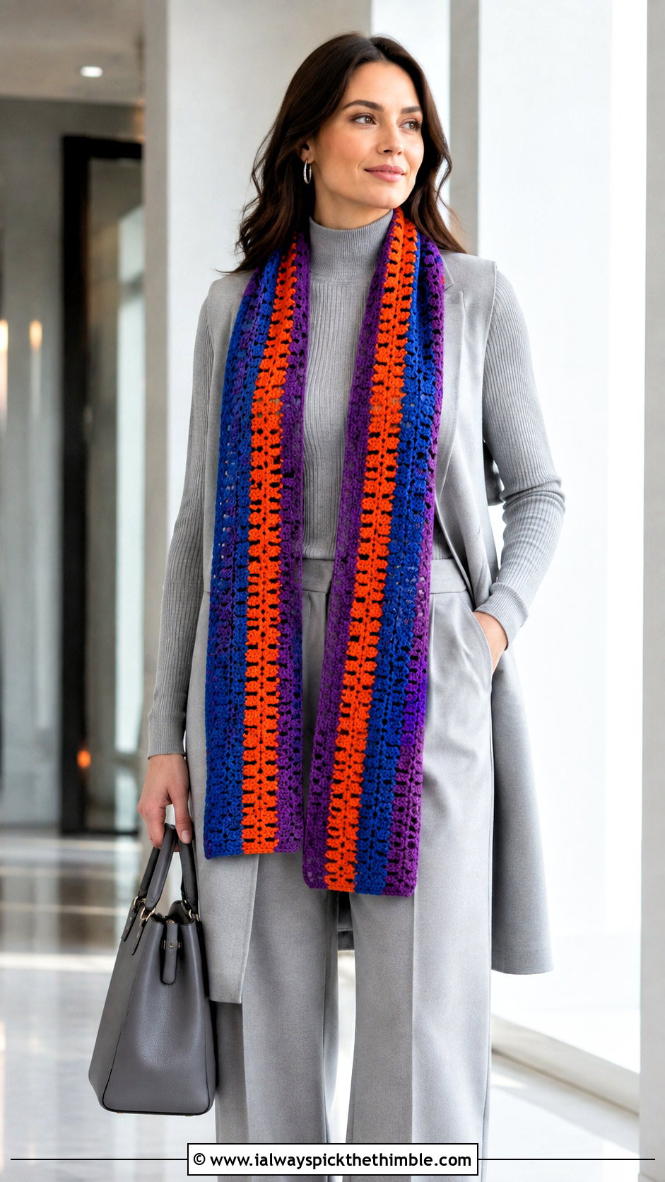 Vertical Stripe Crochet Scarf With Monochrome Outfit - 20 striped crochet scarf outfit ideas