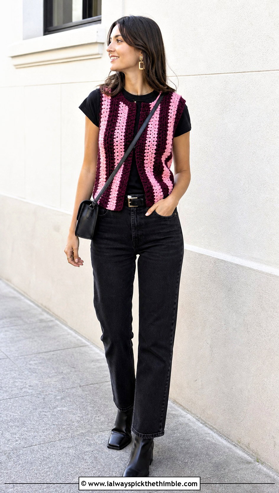Vertical Stripe Crochet Vest With Black Jeans - 20 crochet vest stripes outfit ideas