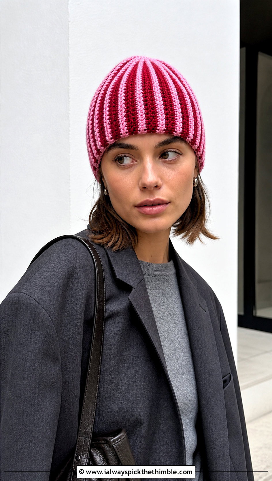 Vertical Stripe Fitted Crochet Beanie With Blazer - 20 striped crochet beanie outfit ideas