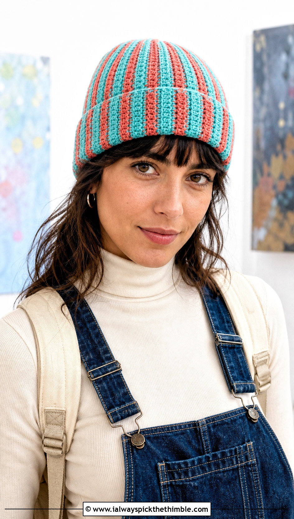 Vertical Stripe Fitted Crochet Beanie With Denim Overalls - 15 Crochet Striped Beanies outfit ideas