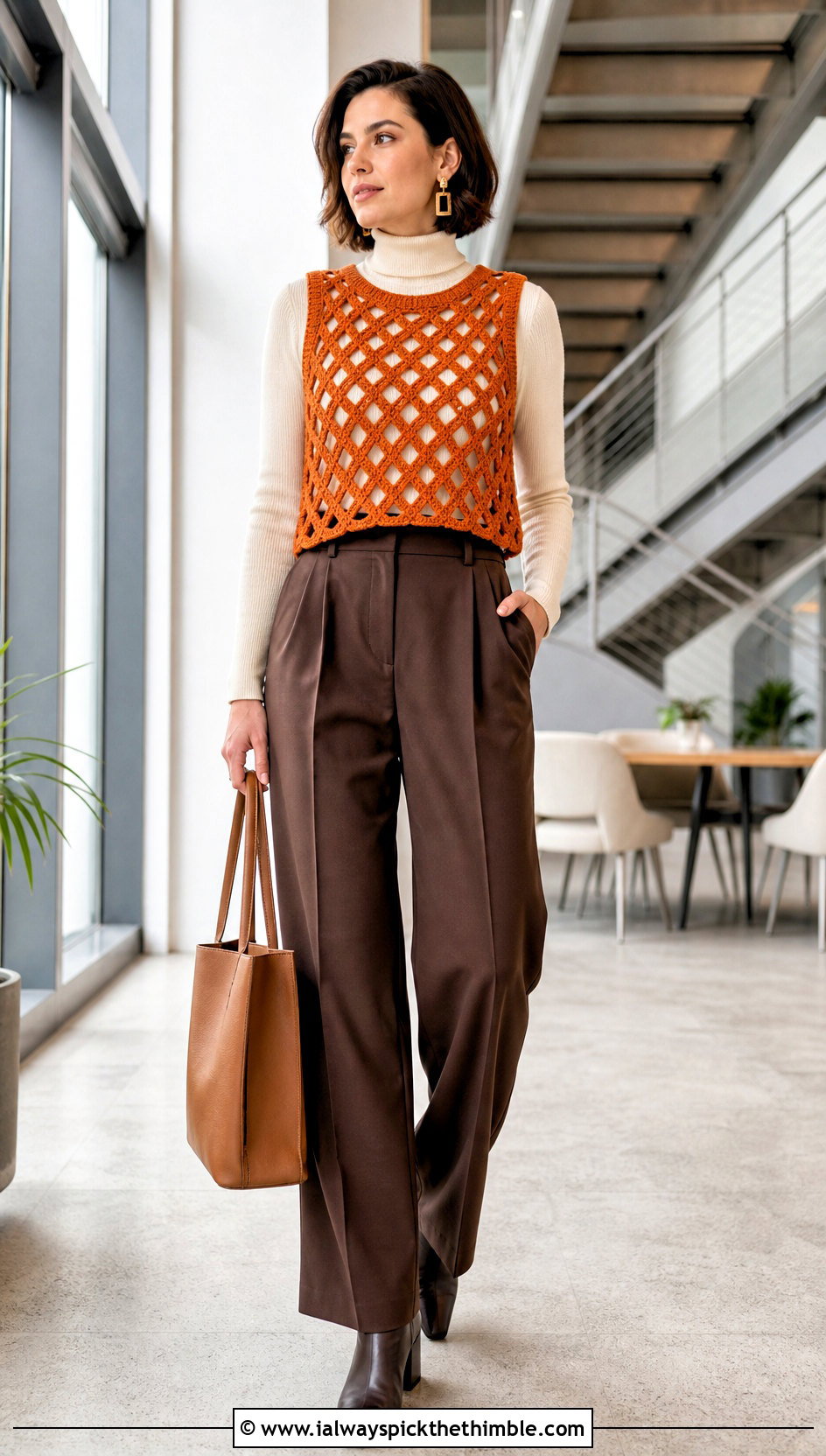 Vest Diamond Mesh Stitch Crochet Top With Turtleneck And Trousers - 20 Diamond Mesh Stitch Crochet Top outfit ideas