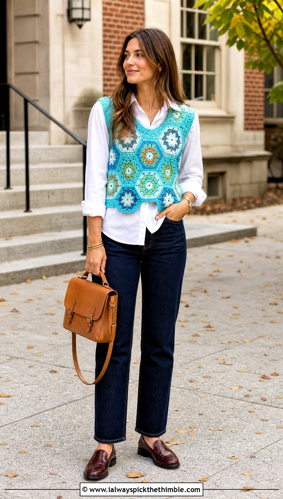 Vest Style Crochet Hexagon Top With Button Down Shirt - 25 crochet hexagon top outfit ideas